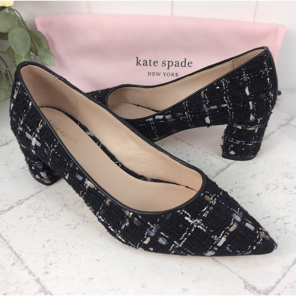 Kate Spade Menorca Tweed Black Shimmer Block Heel Pointed Toe Pumps Size 8.5